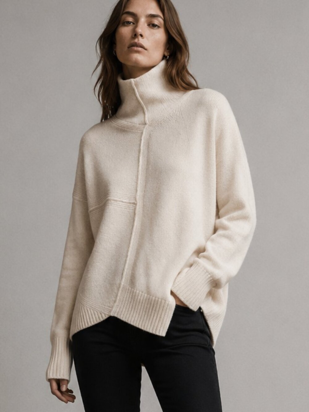 ALLSAINTS Cream Lock Roll Neck Deconstructed Asymmetric Knit Sweater XS EUC